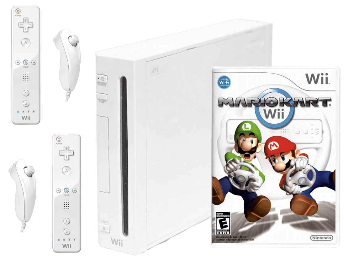 Nintendo Wii Console White with 2 Sets of Controllers & Mario Kart Bundle System (used)