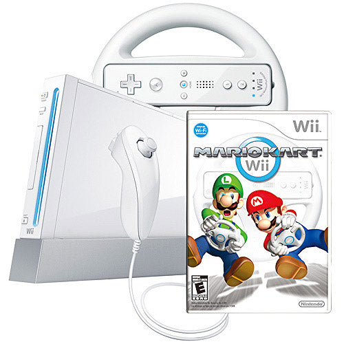 Nintendo White Wii Console w/ Mario Kart and Wheel